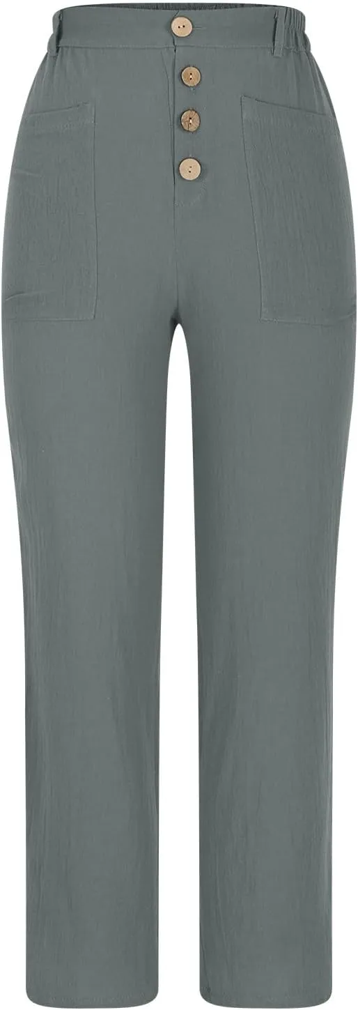 Lastesso Summer Pants for Women Comfy Cotton Linen Capris Casual Button Down High Waist Lounge Trousers with Pockets