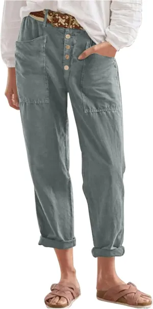 Lastesso Summer Pants for Women Comfy Cotton Linen Capris Casual Button Down High Waist Lounge Trousers with Pockets