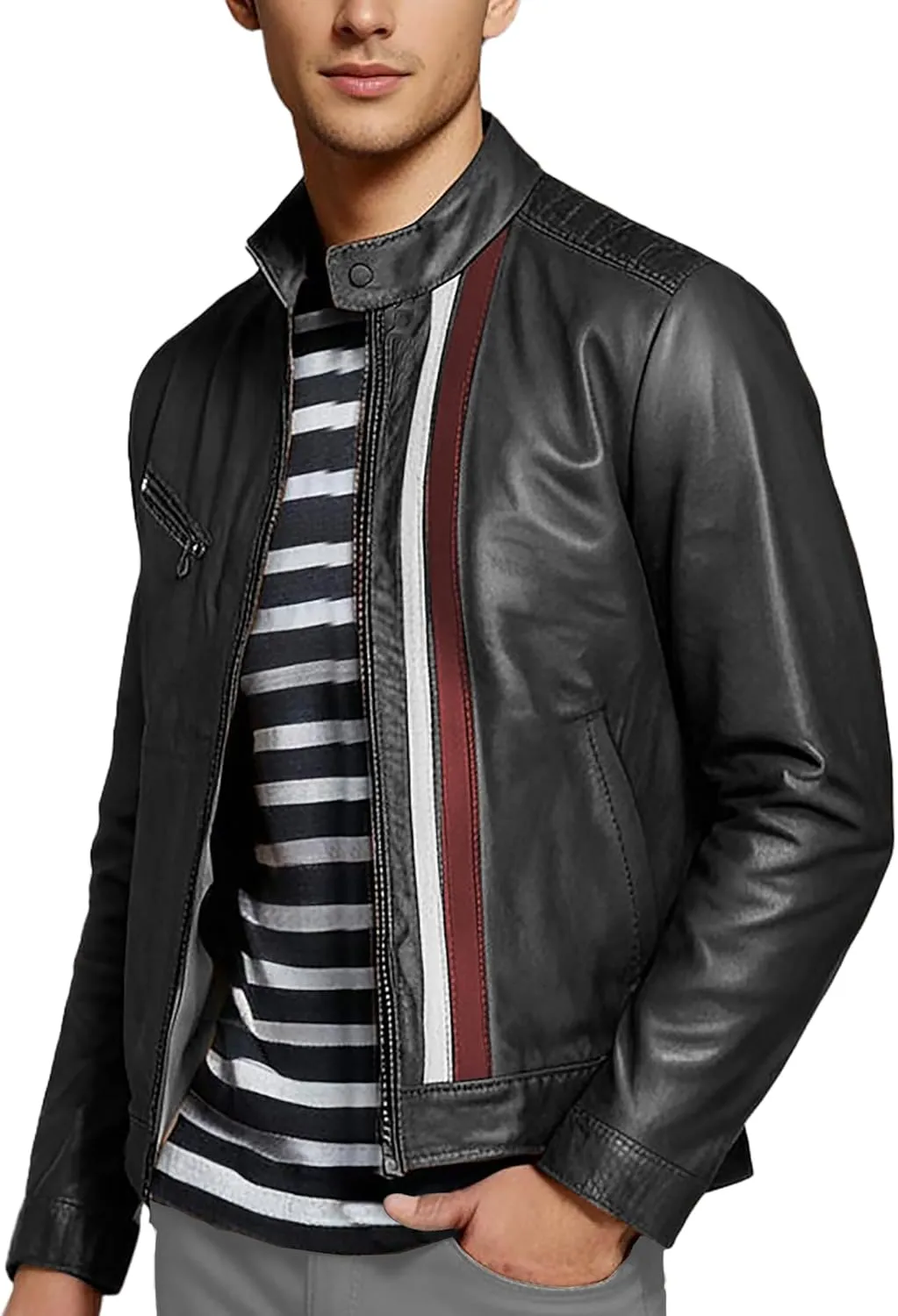 Leather Motorcycle Jacket Men - Cafe Racer Stripe Biker Style Real Leather Jacket Men