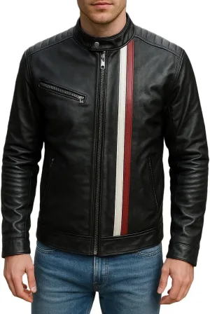 Leather Motorcycle Jacket Men - Cafe Racer Stripe Biker Style Real Leather Jacket Men