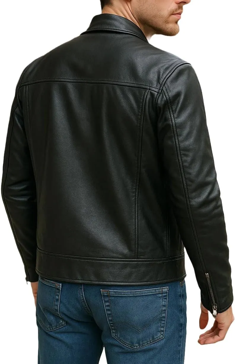 Leather Motorcycle Jacket Men - Cafe Racer Stripe Biker Style Real Leather Jacket Men