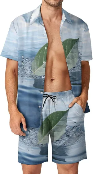 Leaves Floating in Water Mens Swimsuit 2 Pieces Set Quick Dry Shorts Shirts Summer Button Down Short Sleeve Set