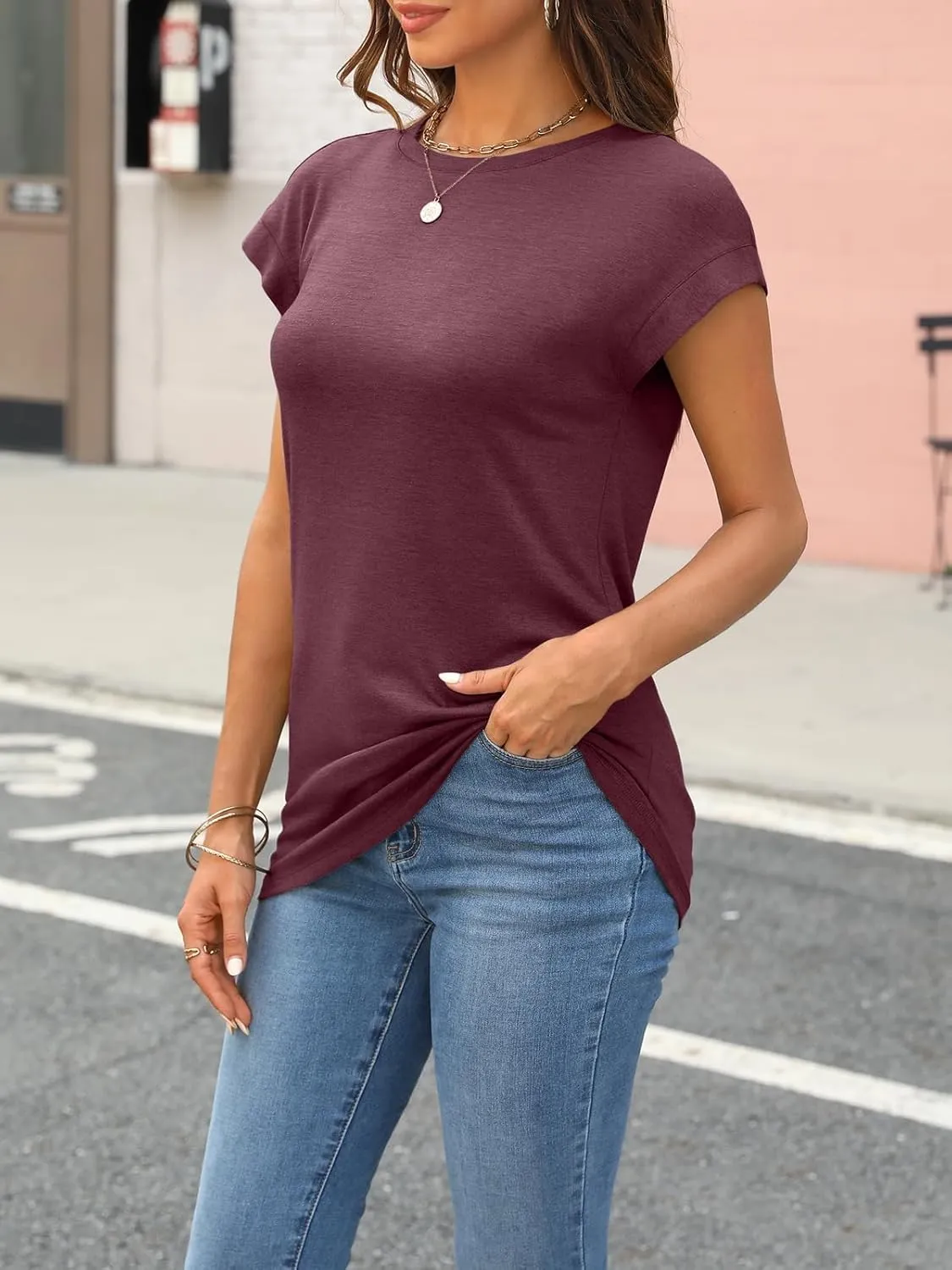 LILLUSORY Womens Casual Summer Tops Cap Sleeve Spring T Shirts Business Dressy Basic Tee Trendy Fashion Clothes 2025
