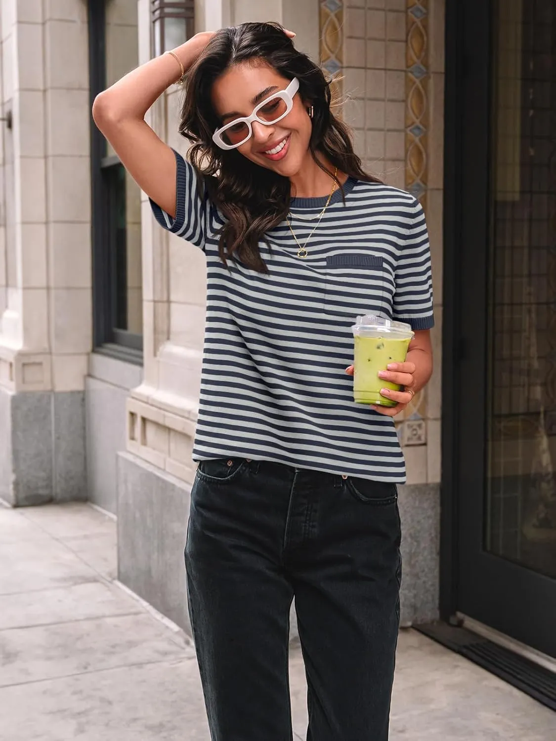 LILLUSORY Womens Striped Short Sleeve Sweater Pullover Shirts with Chest Pocket