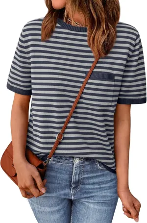 LILLUSORY Womens Striped Short Sleeve Sweater Pullover Shirts with Chest Pocket