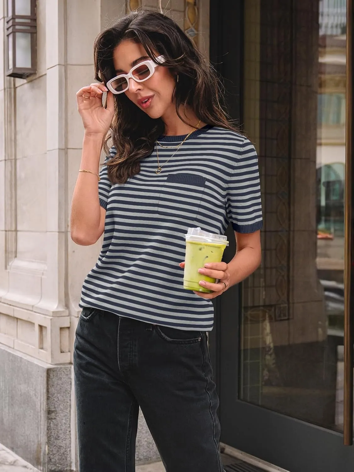 LILLUSORY Womens Striped Short Sleeve Sweater Pullover Shirts with Chest Pocket
