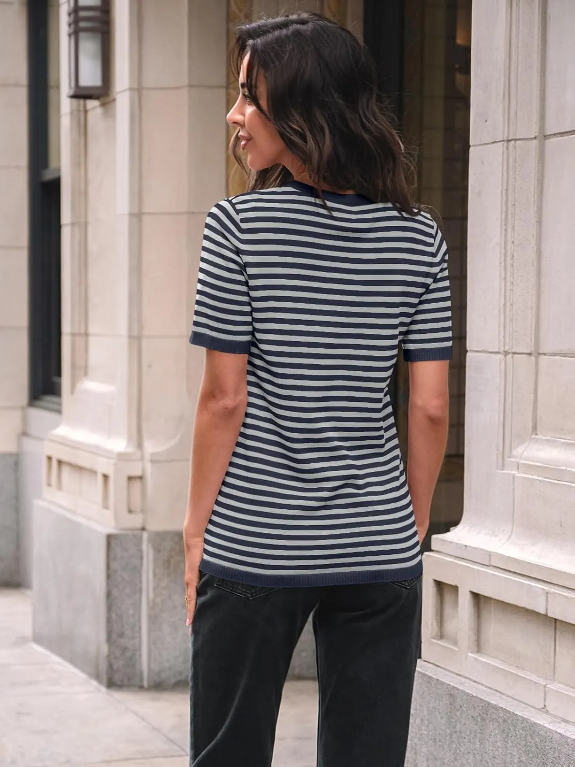 LILLUSORY Womens Striped Short Sleeve Sweater Pullover Shirts with Chest Pocket