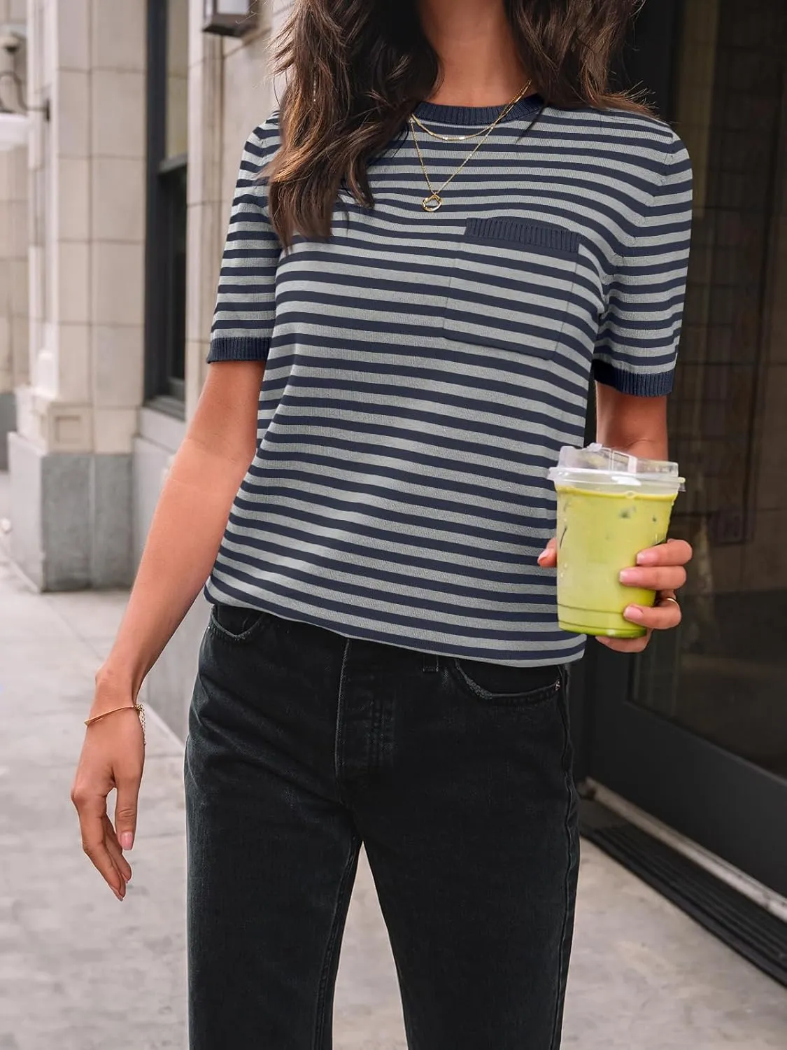 LILLUSORY Womens Striped Short Sleeve Sweater Pullover Shirts with Chest Pocket