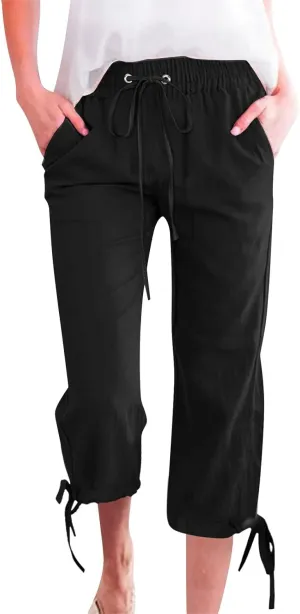 Linen Capri Pants for Women Cotton Lined Wide Leg Summer Pants Drawstring Elastic Waist Trendy Capris Trousers S-5X