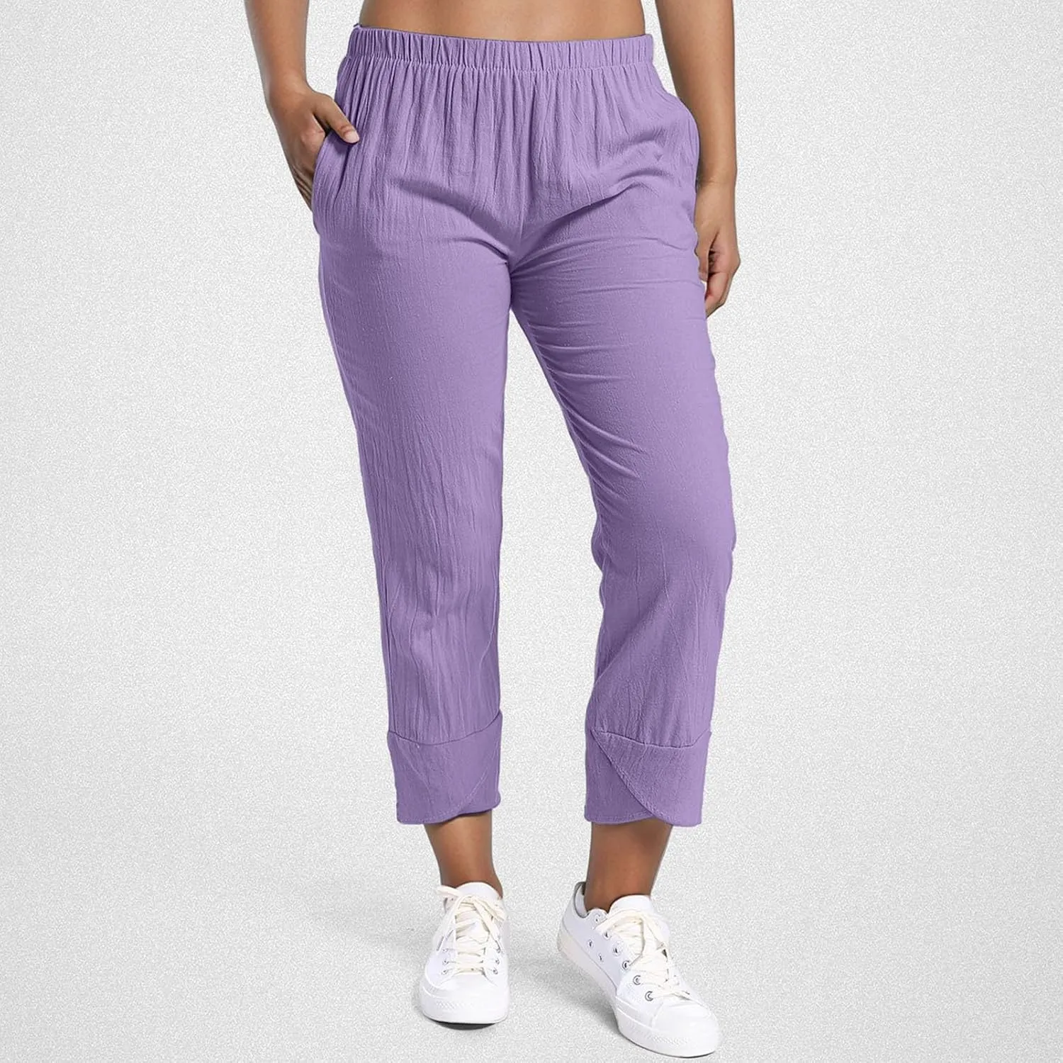 Linen Capri Pants Womens Casual Summer Trendy Elastic Waist Loose Trouser Lounge Athletic Yoga Pants Beach Plus Size