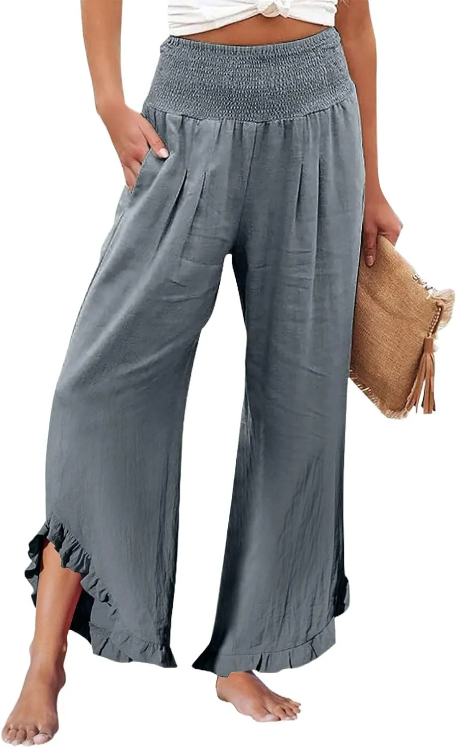 Linen Cotton Cargo Pants Slit Baggy Waist,Women's Sweatpants Casual, High Waisted Straight Leg Work