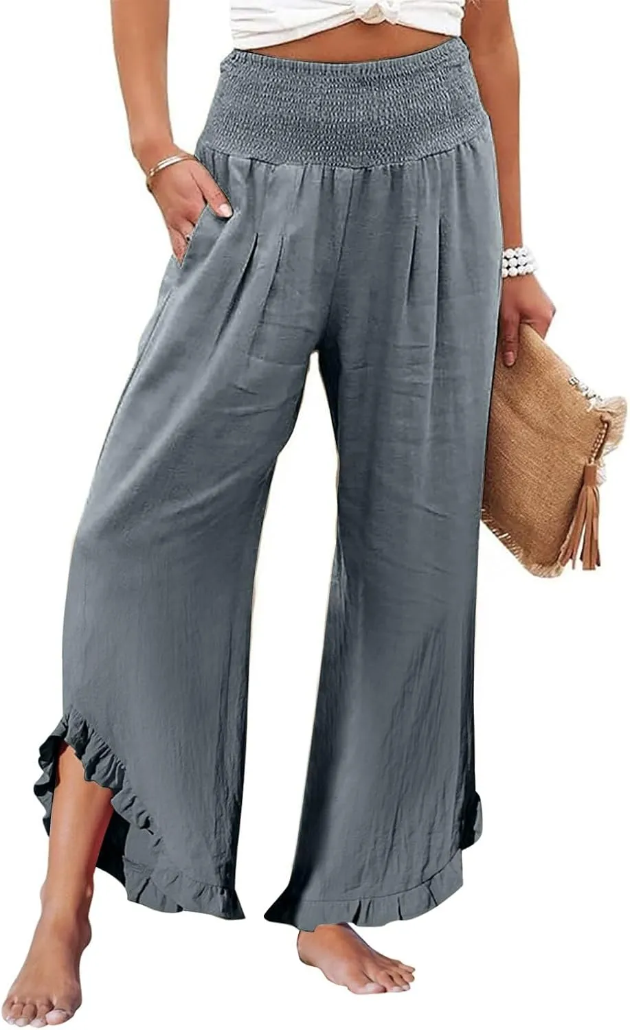 Linen Cotton Cargo Pants Slit Baggy Waist,Women's Sweatpants Casual, High Waisted Straight Leg Work
