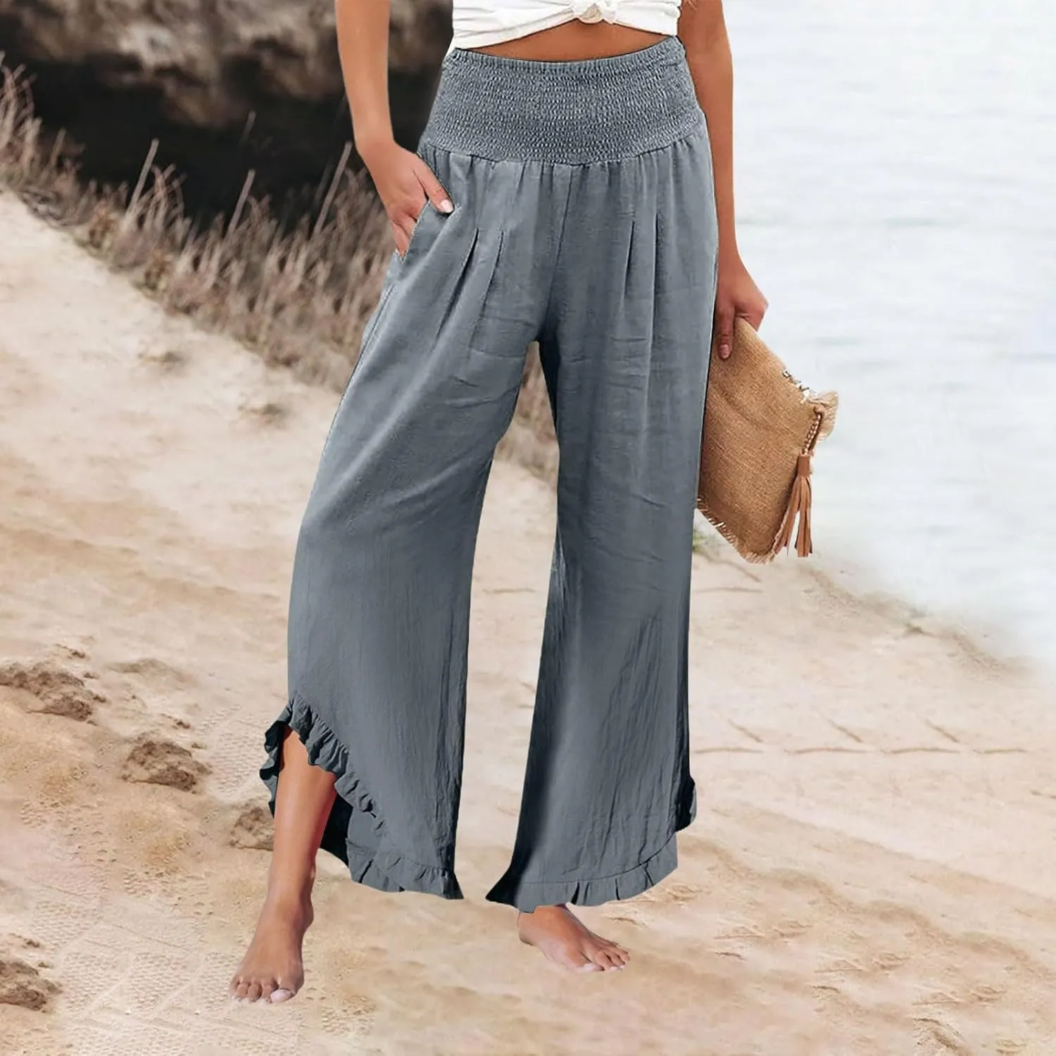 Linen Cotton Cargo Pants Slit Baggy Waist,Women's Sweatpants Casual, High Waisted Straight Leg Work