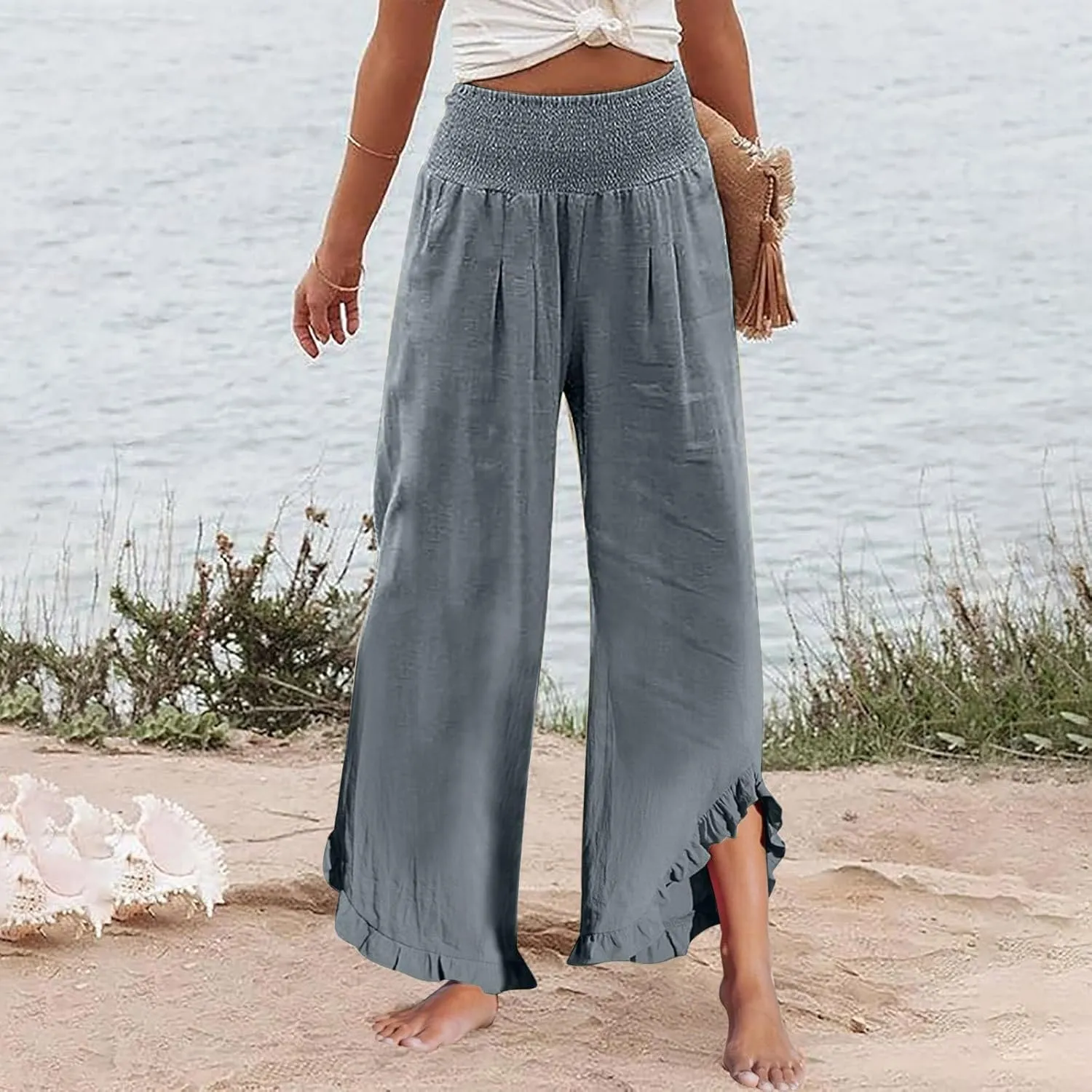 Linen Cotton Cargo Pants Slit Baggy Waist,Women's Sweatpants Casual, High Waisted Straight Leg Work