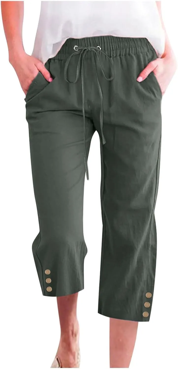 Linen Pants Cropped Pants Cotton Elastic Waist Straight Leg Trousers Casual Summer Beach Lounge Trousers