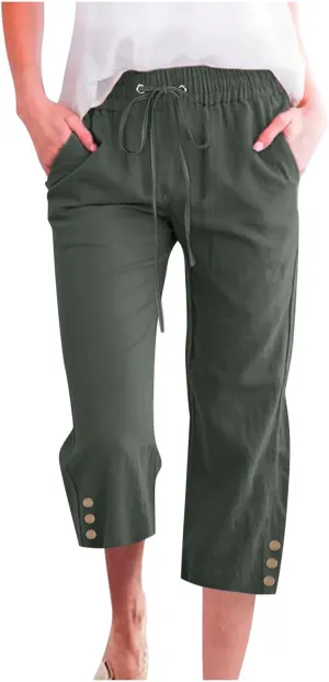 Linen Pants Cropped Pants Cotton Elastic Waist Straight Leg Trousers Casual Summer Beach Lounge Trousers