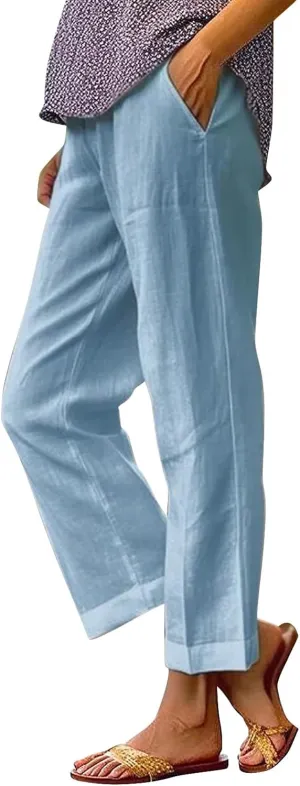 Linen Pants for Women 2025 Plus Size Trendy Solid Color Spring Summer Gauze Pants Elastic Waist Comfy Trousers