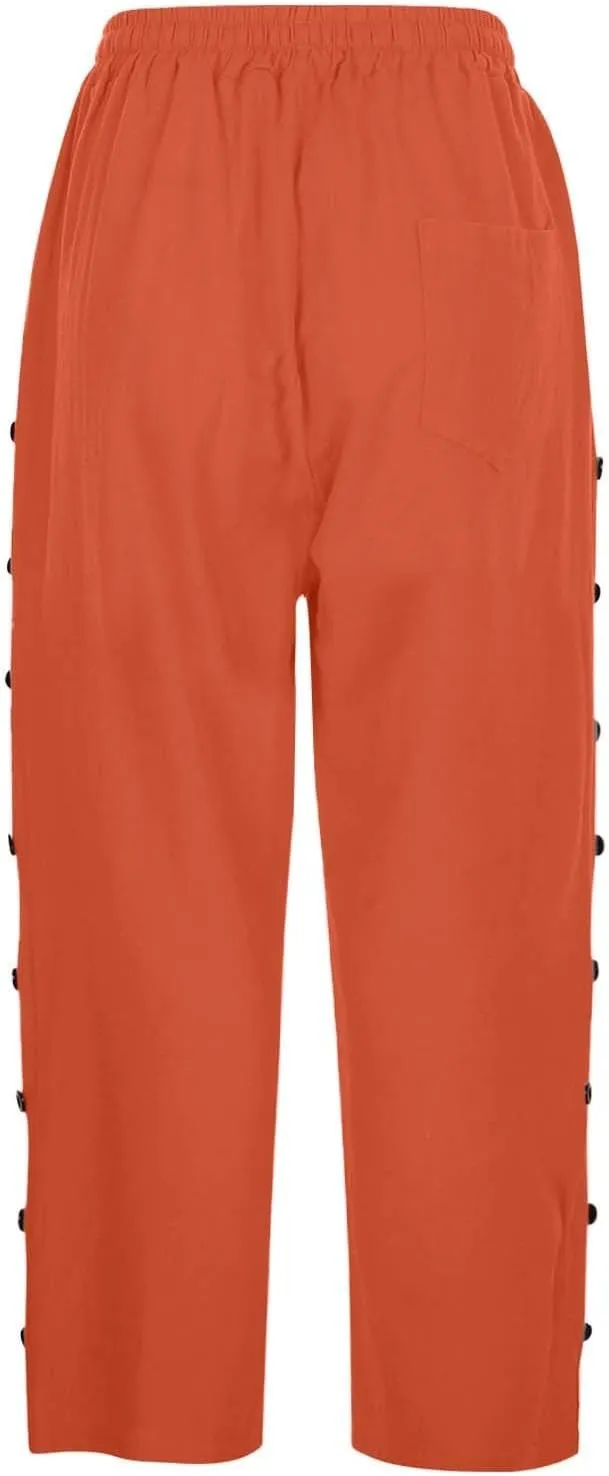 Linen Pants for Women 2025 Summer Lightweight Long Capris Vacation Beach Trousers Side-Buttoned Closure Joggers