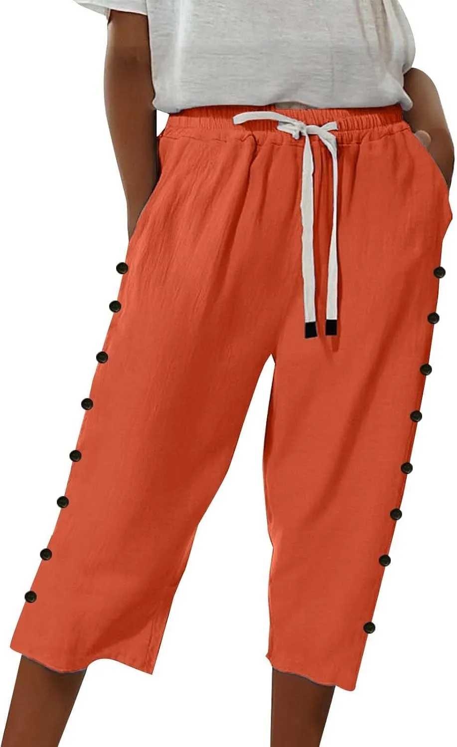 Linen Pants for Women 2025 Summer Lightweight Long Capris Vacation Beach Trousers Side-Buttoned Closure Joggers