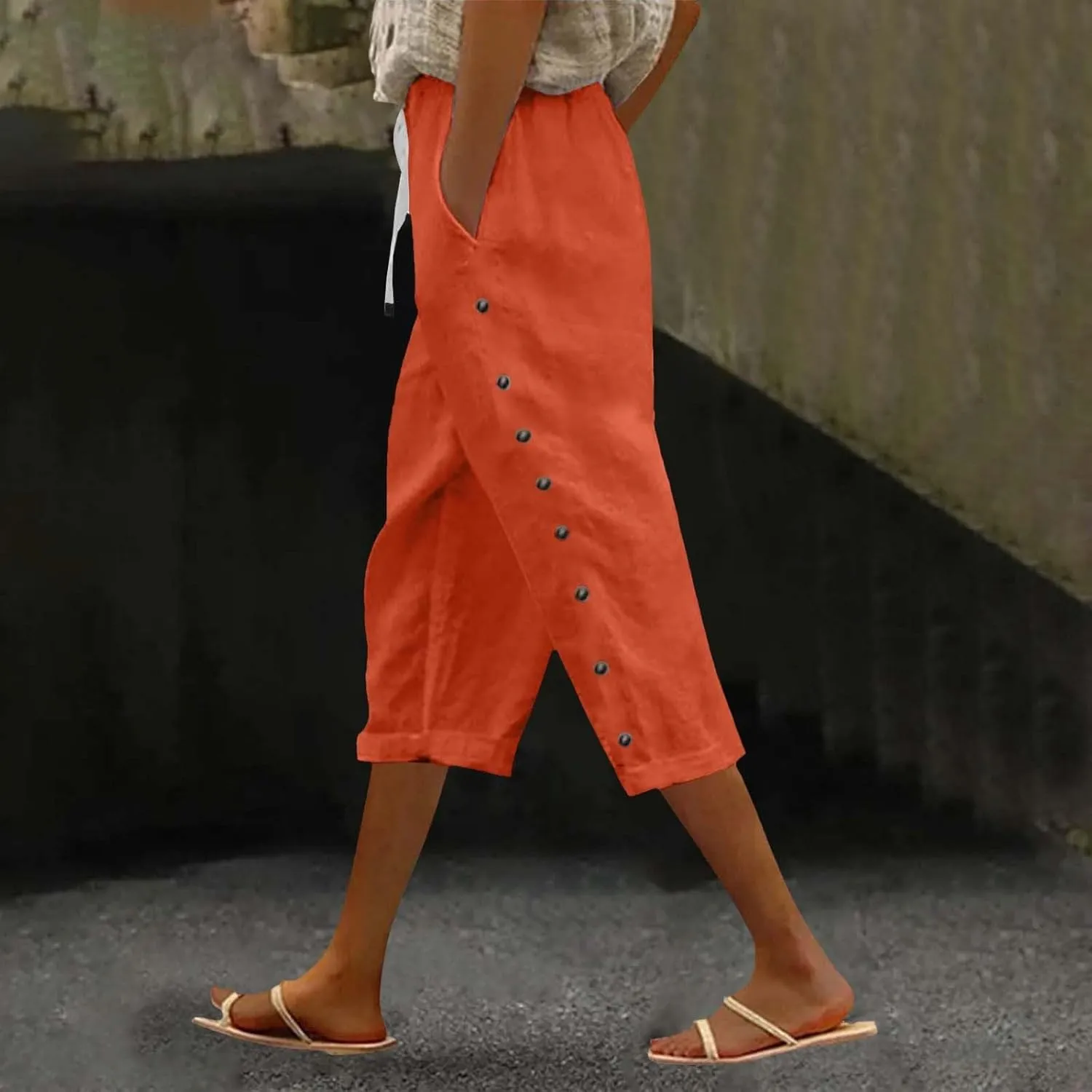 Linen Pants for Women 2025 Summer Lightweight Long Capris Vacation Beach Trousers Side-Buttoned Closure Joggers
