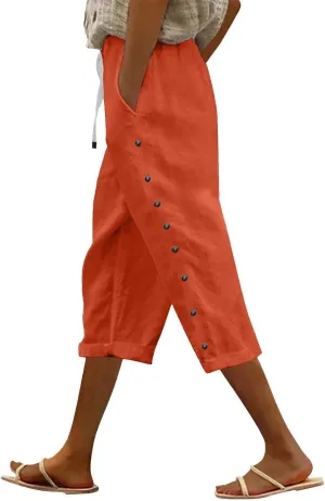 Linen Pants for Women 2025 Summer Lightweight Long Capris Vacation Beach Trousers Side-Buttoned Closure Joggers