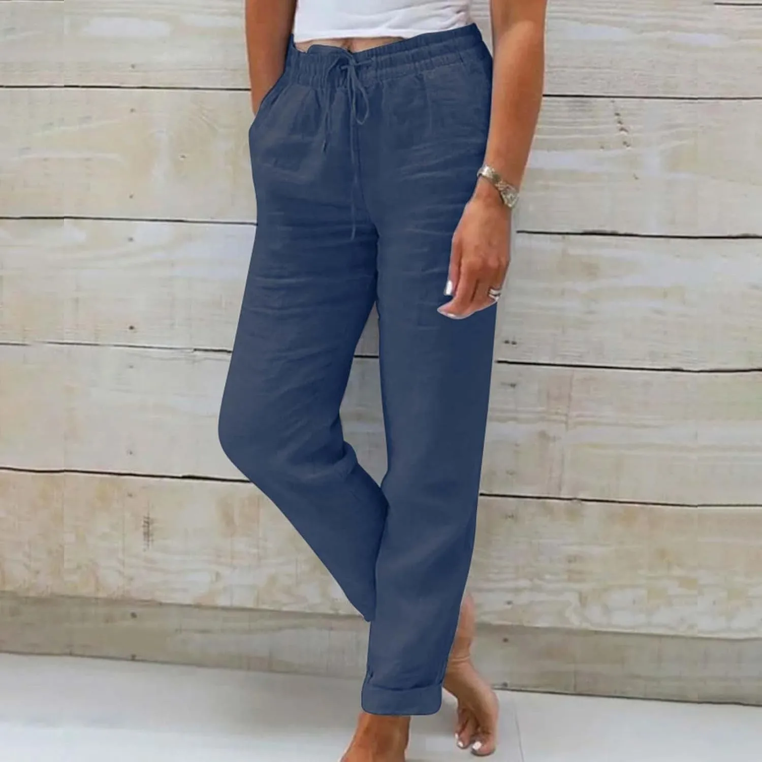 Linen Pants for Women Baggy Wide Leg Pants Elastic Waist Straight Leg Casual Cotton Linen Pants Summer Outfits Lounge Sets