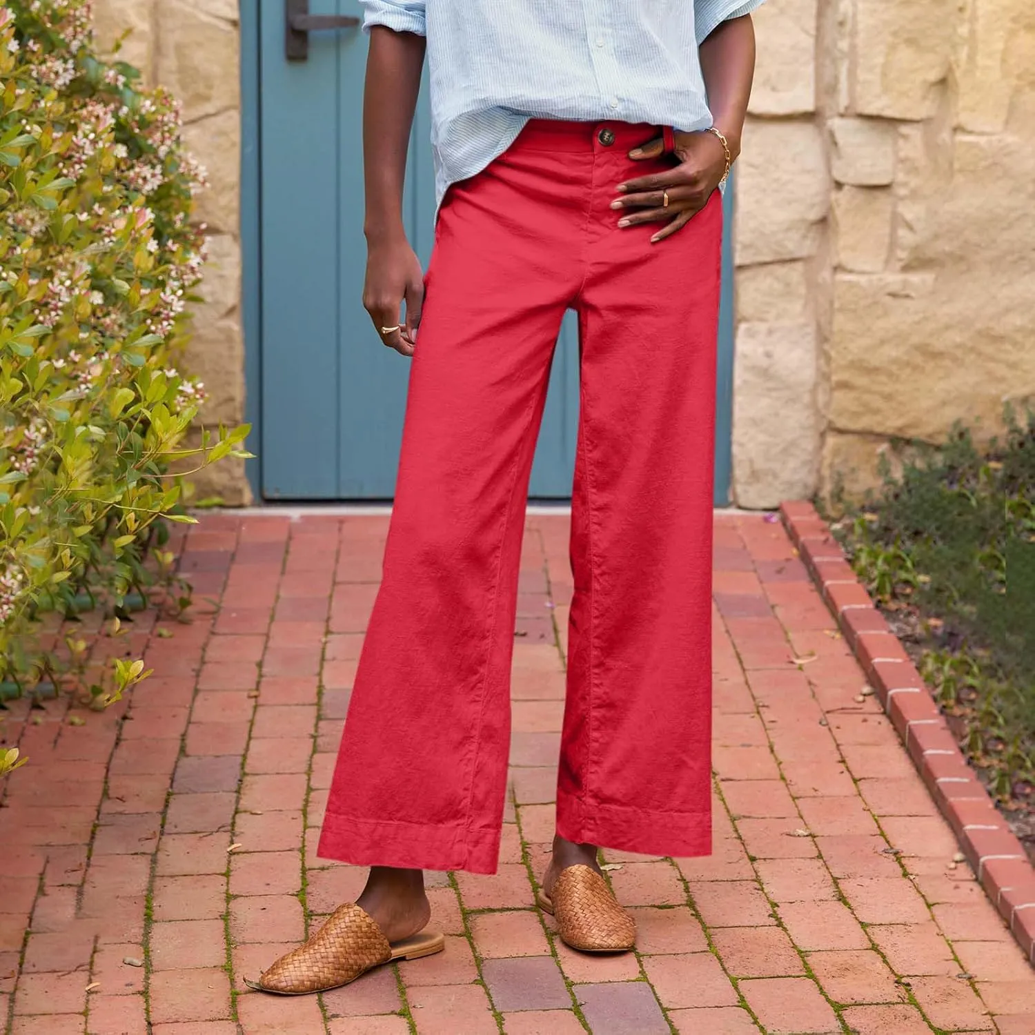 Linen Pants for Women, Linen Casual Pants Straight Leg Peasant Striped Side