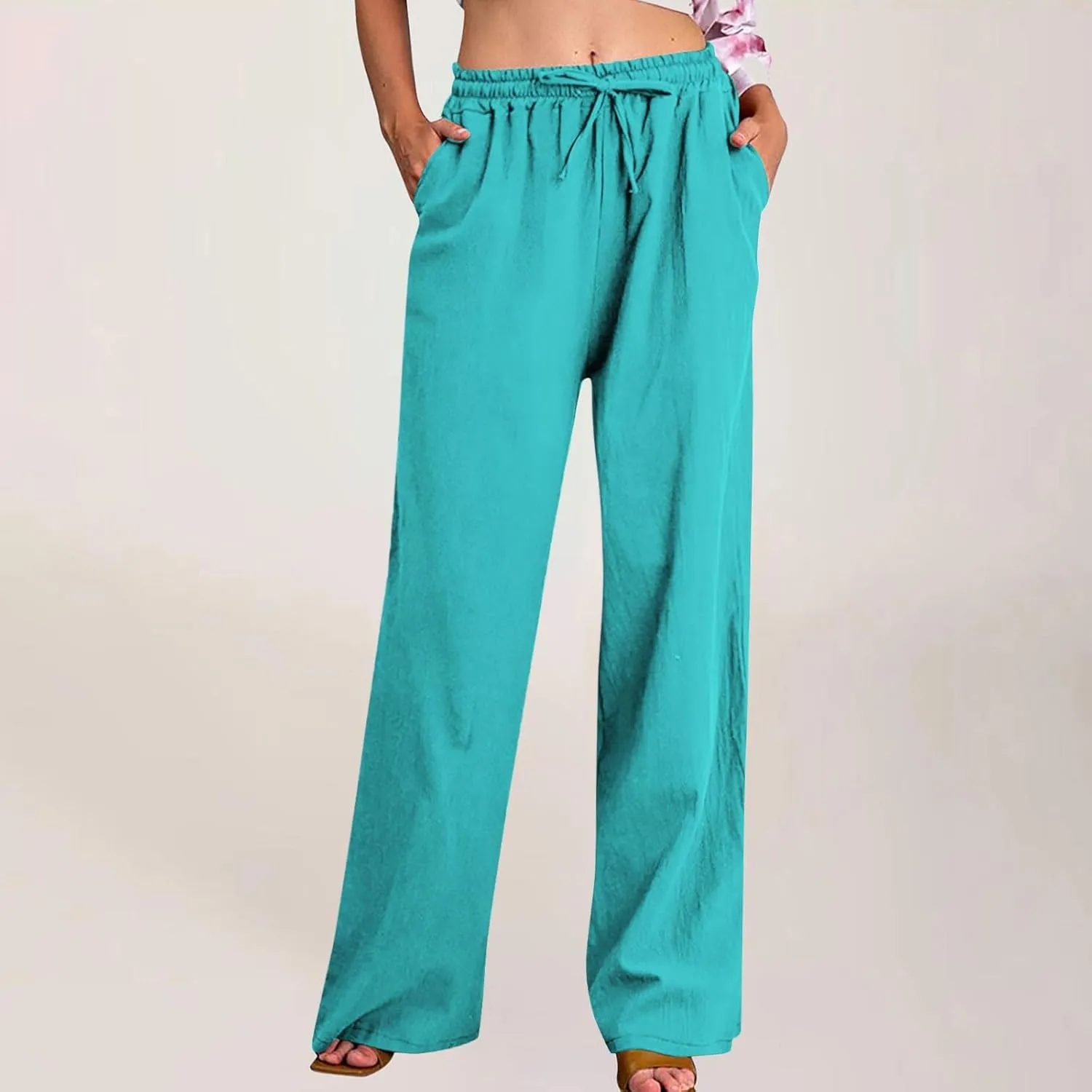 Linen Pants for Women Summer Boho Wide Leg Trouser High Waist Casual Lounge Pant Beach Travel Vacation Outfits