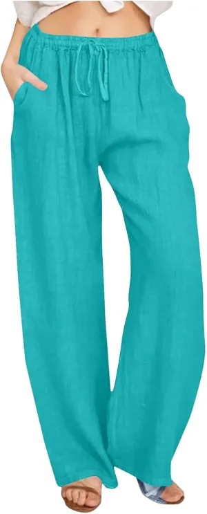 Linen Pants for Women Summer Boho Wide Leg Trouser High Waist Casual Lounge Pant Beach Travel Vacation Outfits