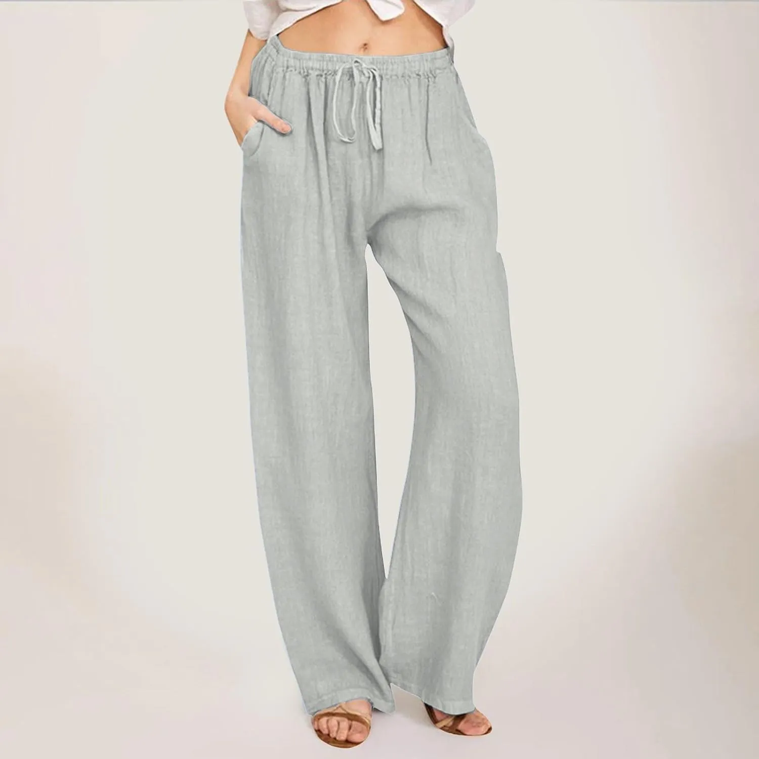 Linen Pants for Women Wide Leg Flowy Pants Casual Loose High Waist Trousers with Pockets Summer
