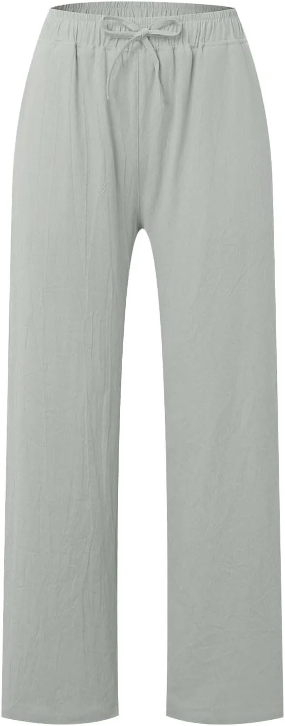 Linen Pants for Women Wide Leg Flowy Pants Casual Loose High Waist Trousers with Pockets Summer