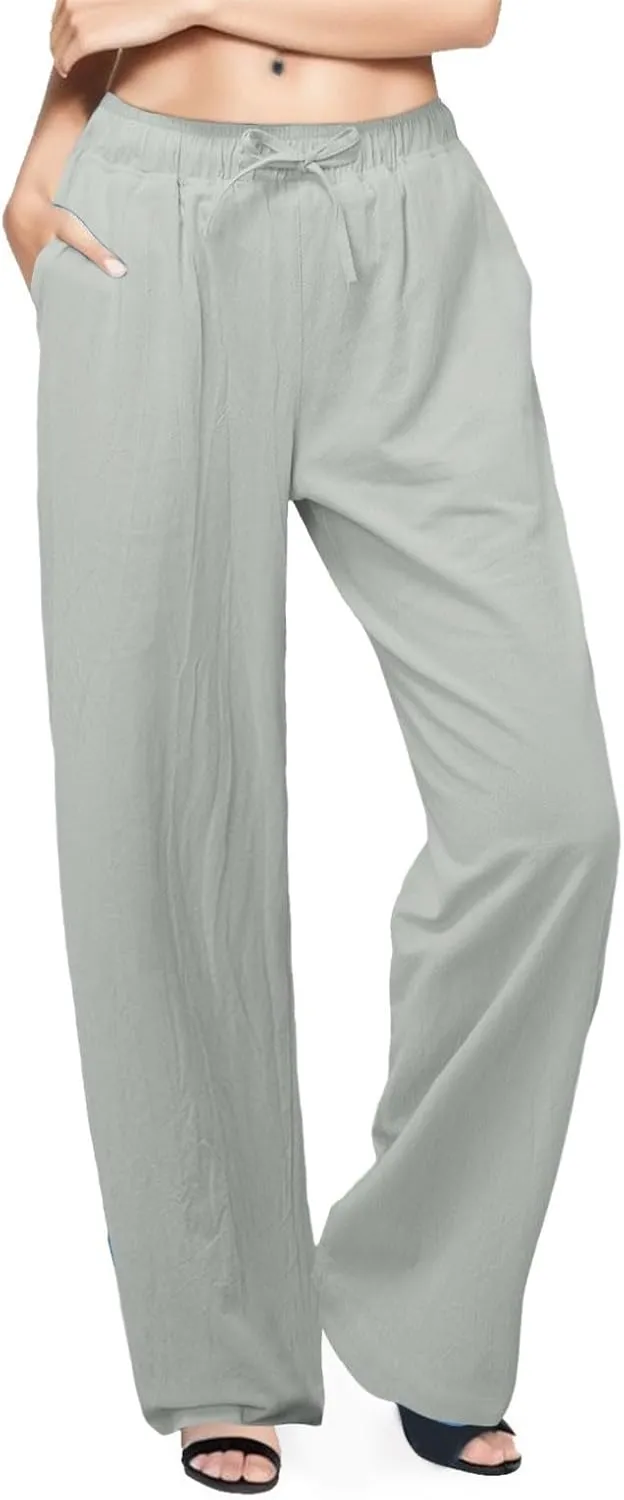 Linen Pants for Women Wide Leg Flowy Pants Casual Loose High Waist Trousers with Pockets Summer
