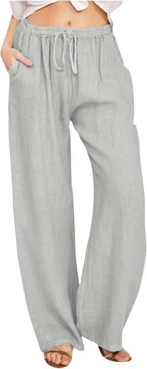 Linen Pants for Women Wide Leg Flowy Pants Casual Loose High Waist Trousers with Pockets Summer