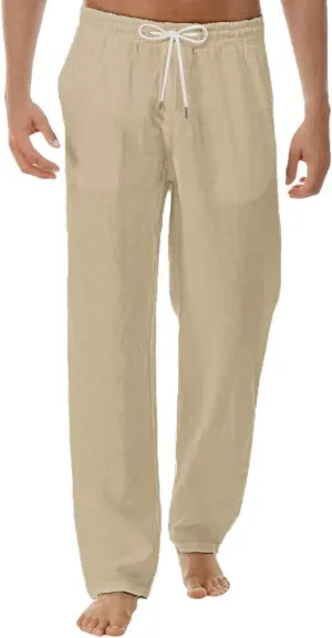 Linen Pants Men Summer Beach Slacks Casual Basic Plain Straight Leg Trousers Open Bottom Vacation Drawstring Pants
