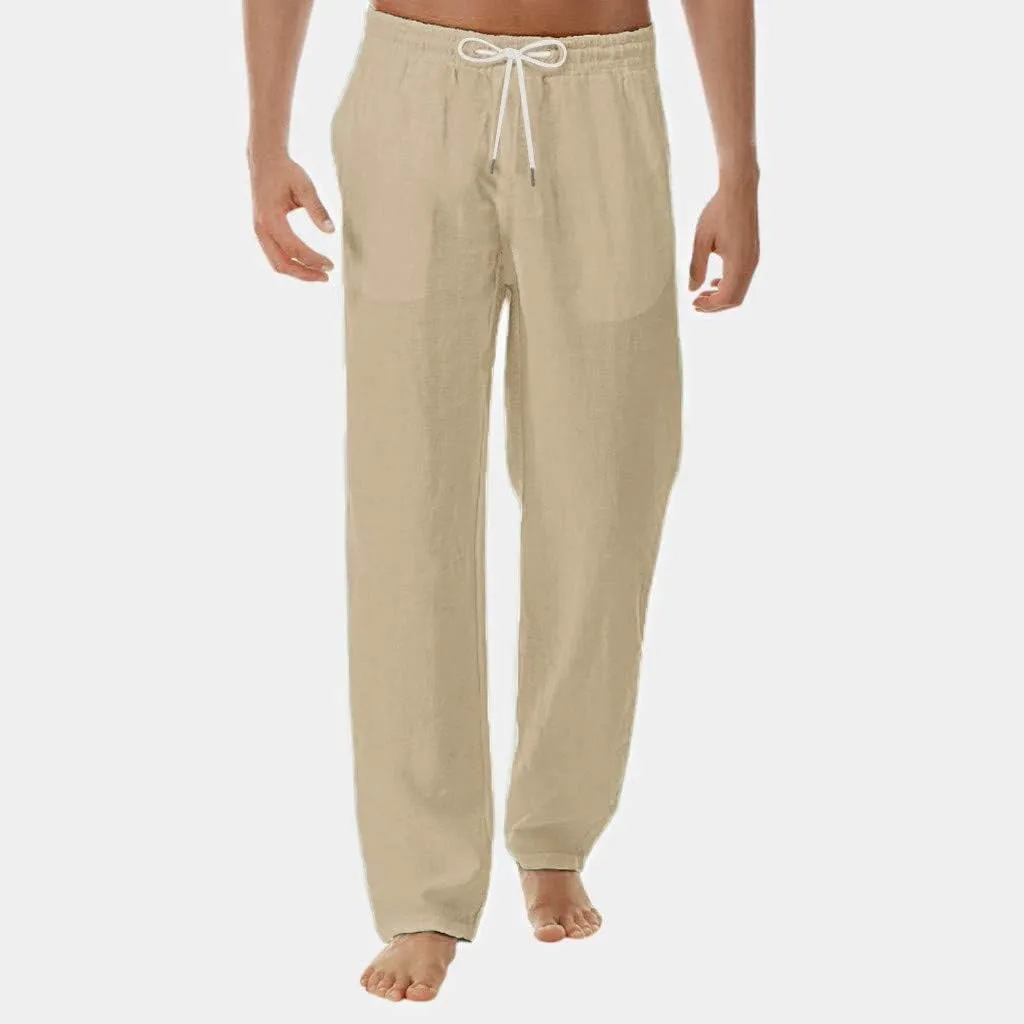 Linen Pants Men Summer Beach Slacks Casual Basic Plain Straight Leg Trousers Open Bottom Vacation Drawstring Pants