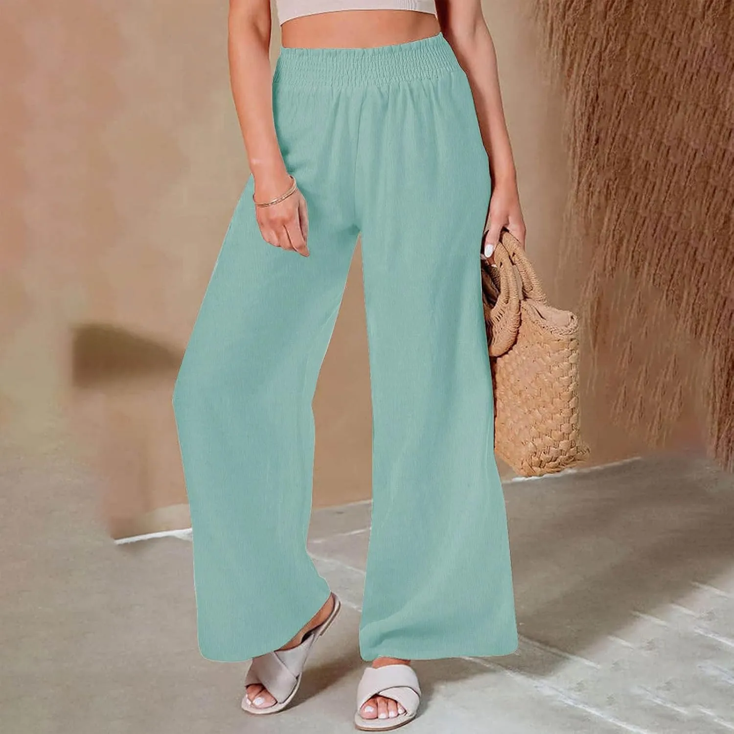 Linen Pants Women 2025 Summer Flowy Palazzo Pants Wide Leg Beach Pants High Waisted Lounge Vacation Trousers