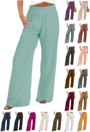 Linen Pants Women 2025 Summer Flowy Palazzo Pants Wide Leg Beach Pants High Waisted Lounge Vacation Trousers
