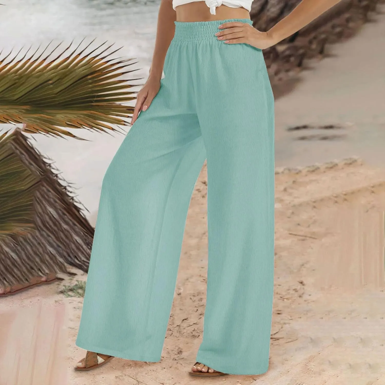 Linen Pants Women 2025 Summer Flowy Palazzo Pants Wide Leg Beach Pants High Waisted Lounge Vacation Trousers