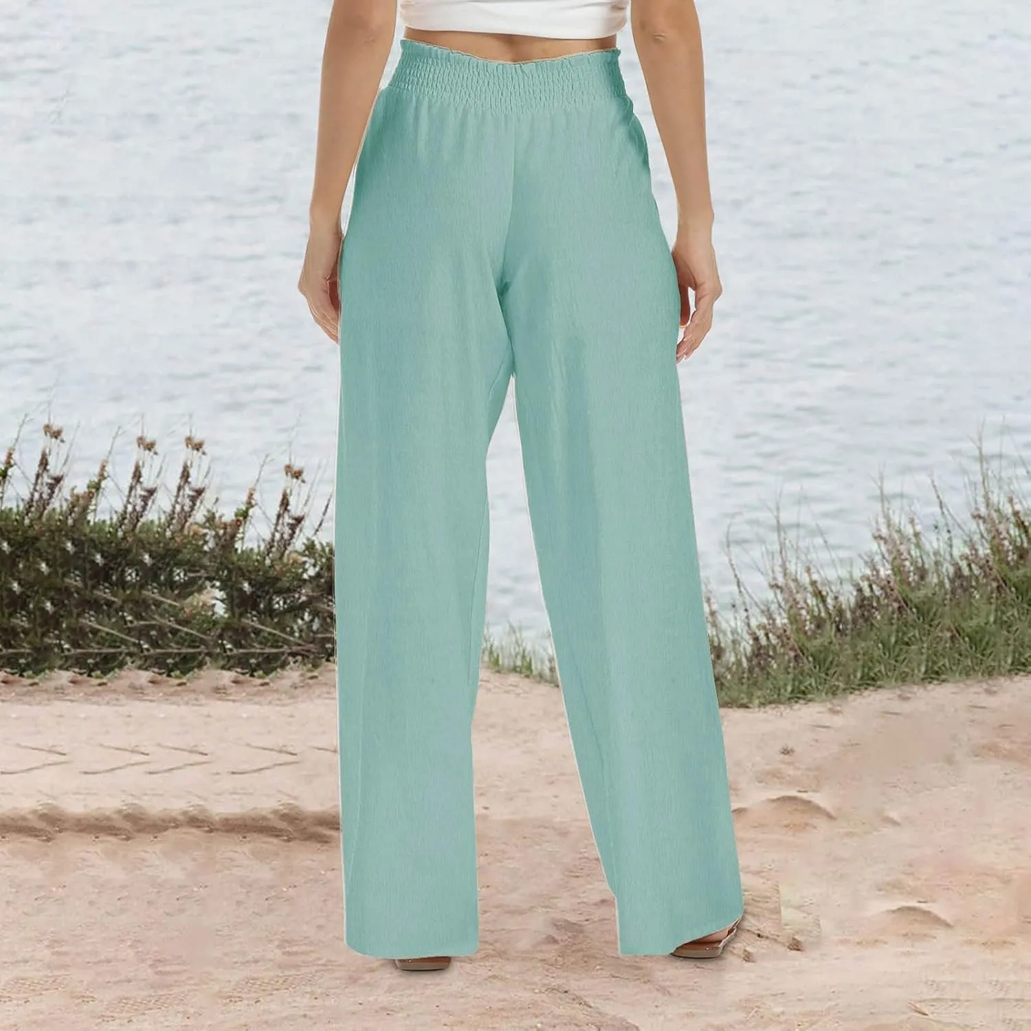 Linen Pants Women 2025 Summer Flowy Palazzo Pants Wide Leg Beach Pants High Waisted Lounge Vacation Trousers