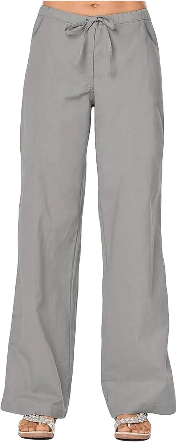 Linen Pants Women 2025 Summer Lightweight Lounge Wide Leg Trousers Drawstring Low Waisted Palazzo Pants with Pockets
