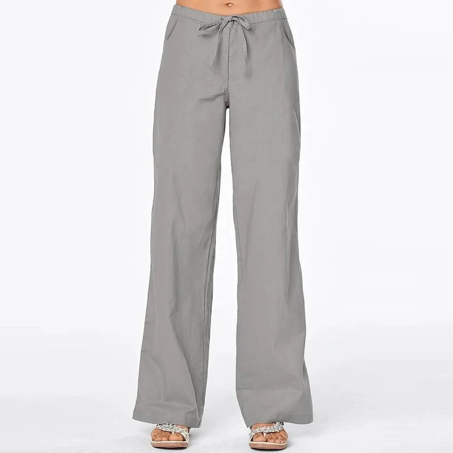 Linen Pants Women 2025 Summer Lightweight Lounge Wide Leg Trousers Drawstring Low Waisted Palazzo Pants with Pockets