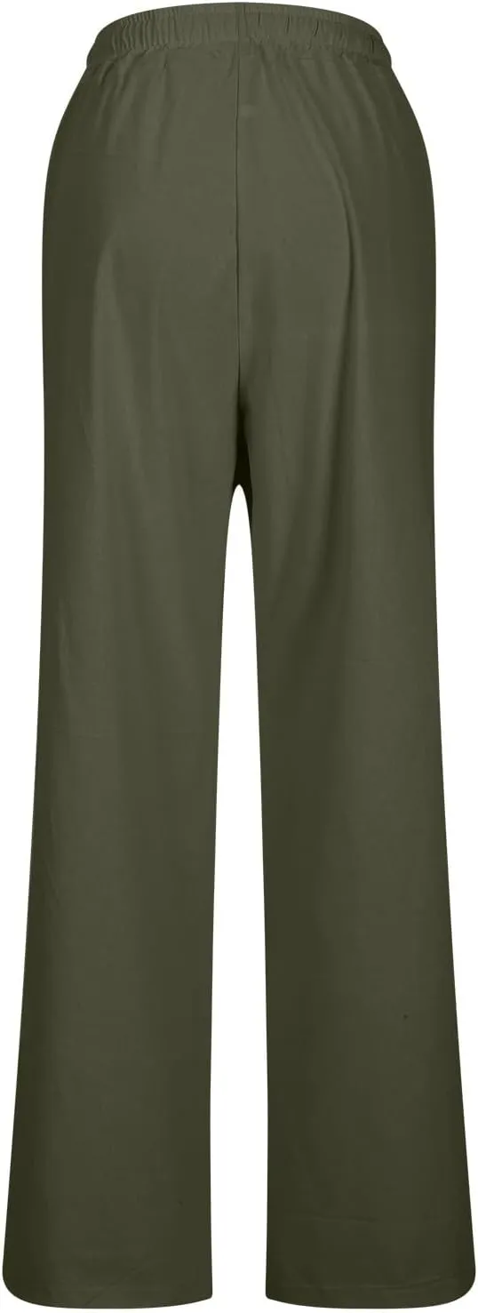 Linen Pants Women Drawstring Waist Linen Pants Solid Color Casual Linen Trousers with Pockets Summer Trendy Clothes