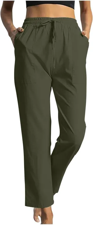 Linen Pants Women Drawstring Waist Linen Pants Solid Color Casual Linen Trousers with Pockets Summer Trendy Clothes