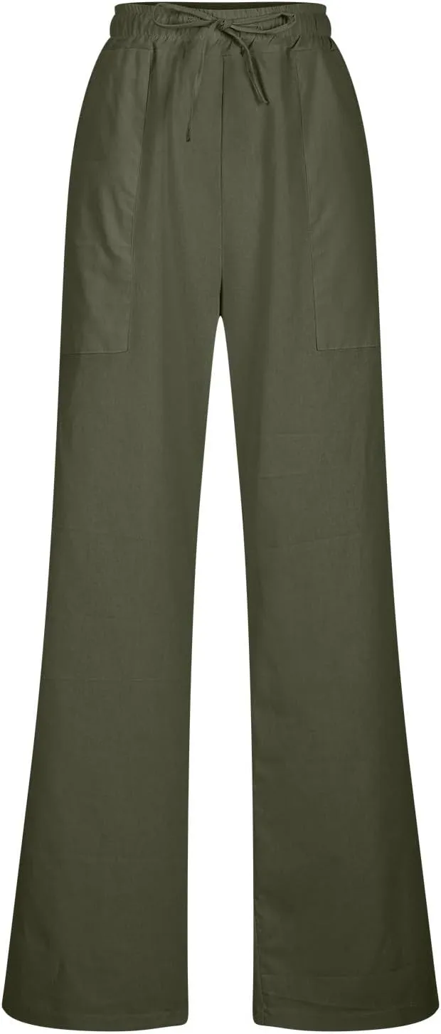 Linen Pants Women Drawstring Waist Linen Pants Solid Color Casual Linen Trousers with Pockets Summer Trendy Clothes
