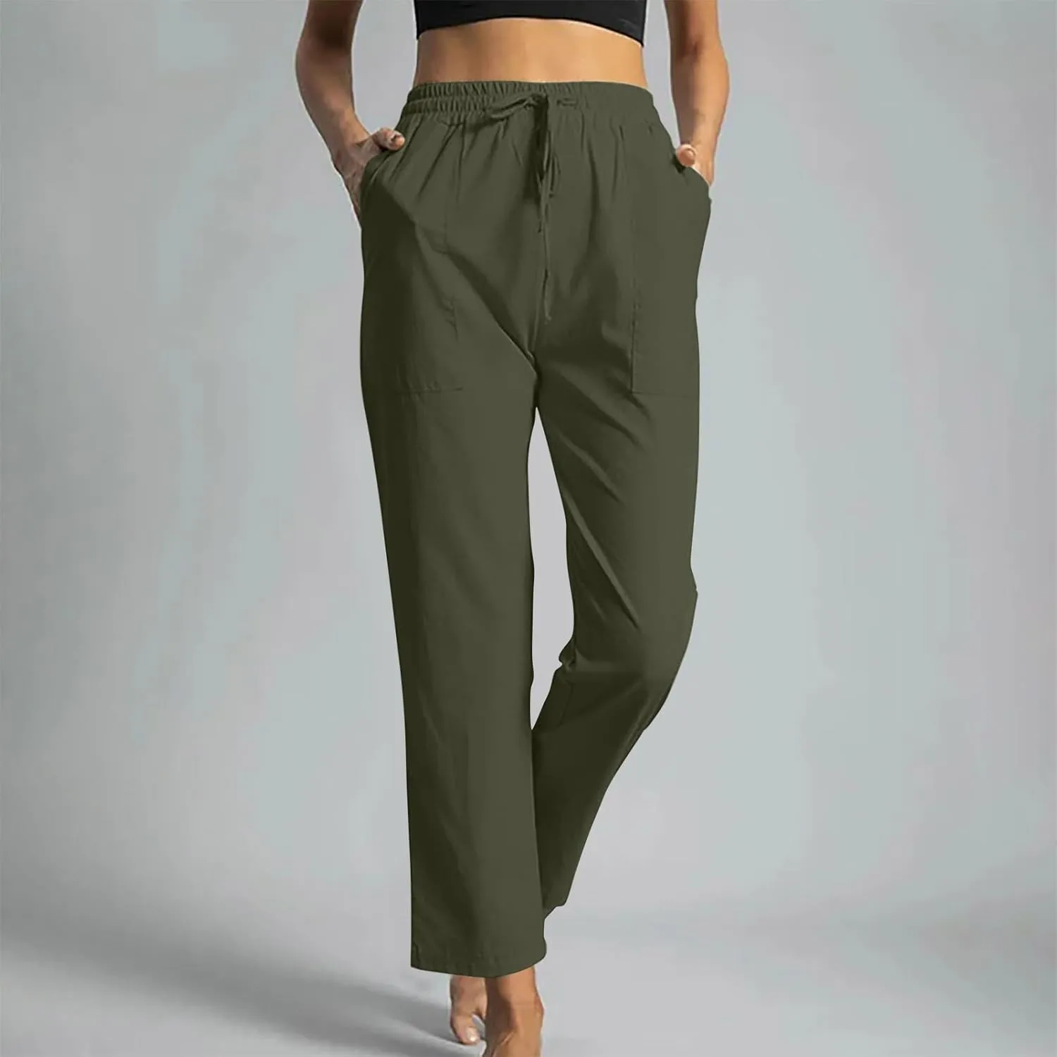 Linen Pants Women Drawstring Waist Linen Pants Solid Color Casual Linen Trousers with Pockets Summer Trendy Clothes