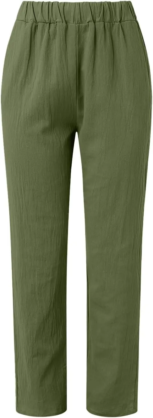 Linen Pants Women Linen Striped Elastic Waist Side Back Four Pockets 9/10 Pants Cotton Linen Casual Summer 2025 Straight