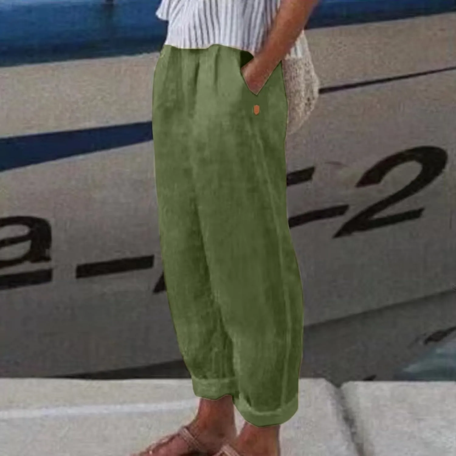 Linen Pants Women Linen Striped Elastic Waist Side Back Four Pockets 9/10 Pants Cotton Linen Casual Summer 2025 Straight