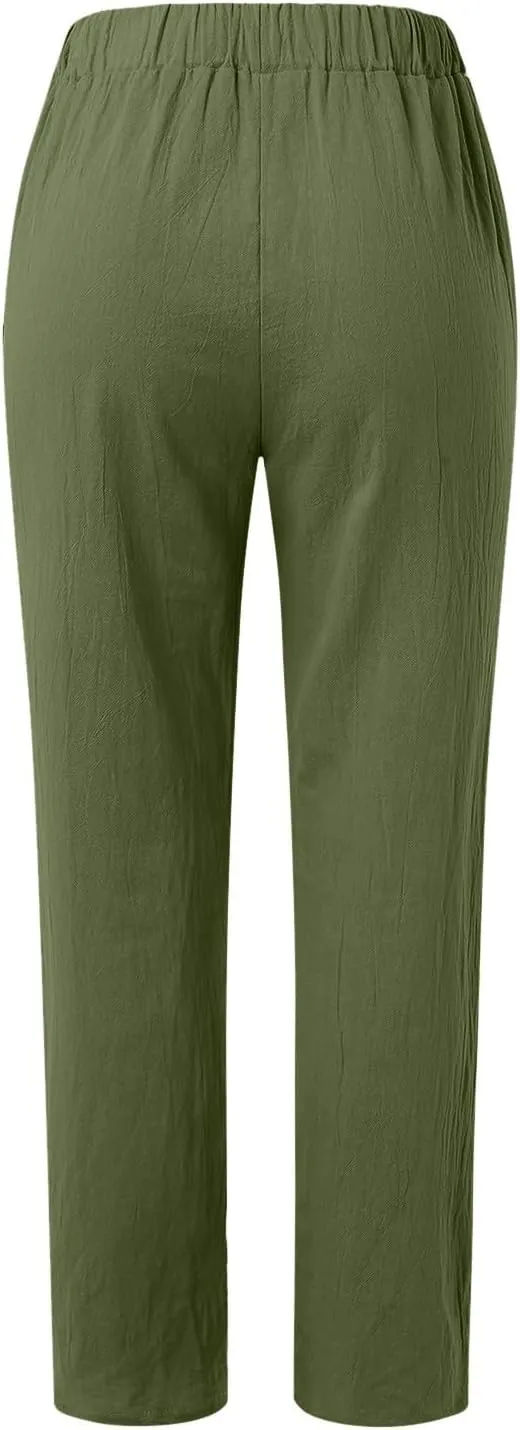 Linen Pants Women Linen Striped Elastic Waist Side Back Four Pockets 9/10 Pants Cotton Linen Casual Summer 2025 Straight