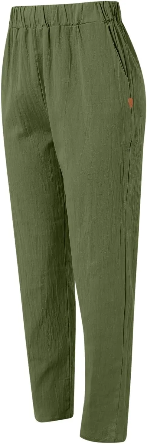 Linen Pants Women Linen Striped Elastic Waist Side Back Four Pockets 9/10 Pants Cotton Linen Casual Summer 2025 Straight