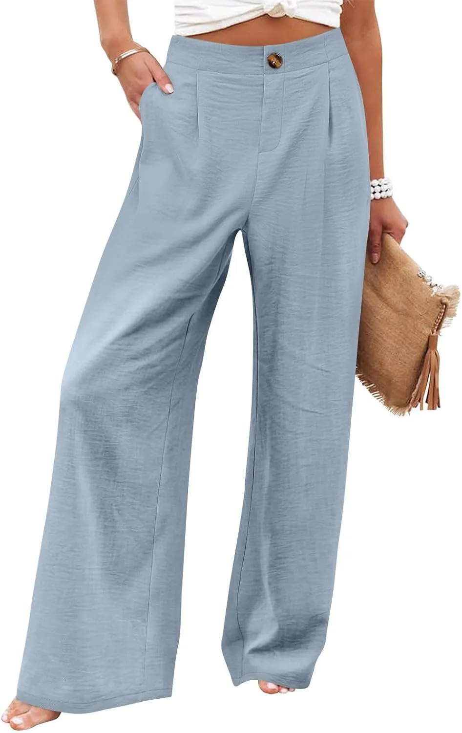 Linen Pants Women Lounge Baggy Flowy Beach Pants Elastic High Waisted Pleated Wide Leg Trousers with Pockets